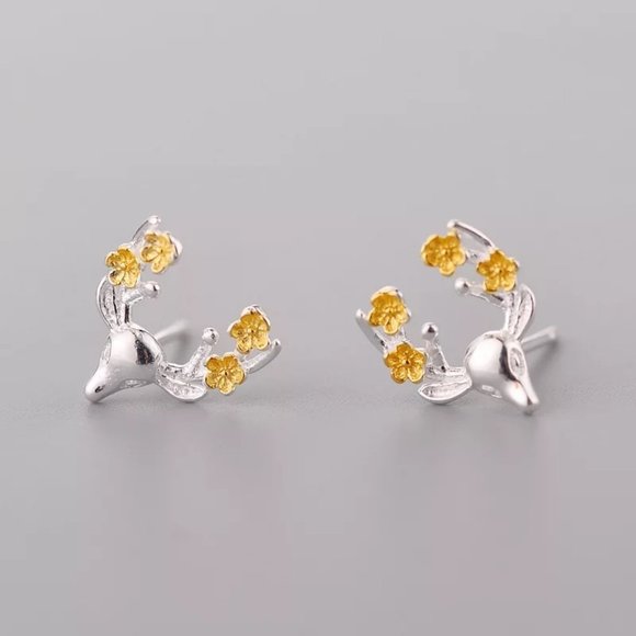 Jewelry - 14k Gold Flower Deer Stud Earrings Sterling Silver